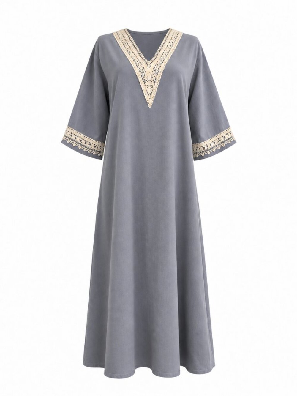 Gray Embroidered V Neck Kaftan Midi Dress New